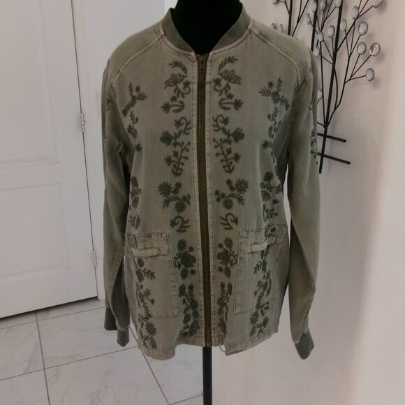 Olive Army Green Boho Embroidered Lightweight Jacket Zip Front Pockets M Love 8 - Picture 2 of 11